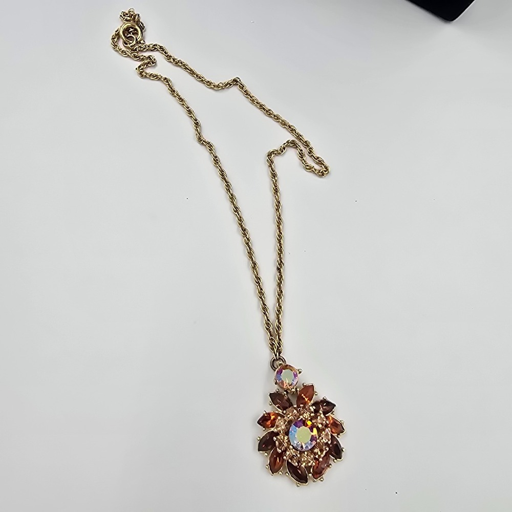 Vintage Trifari Necklace AB Rhinestones Gold Tone Amber Brown - Picture 12 of 12